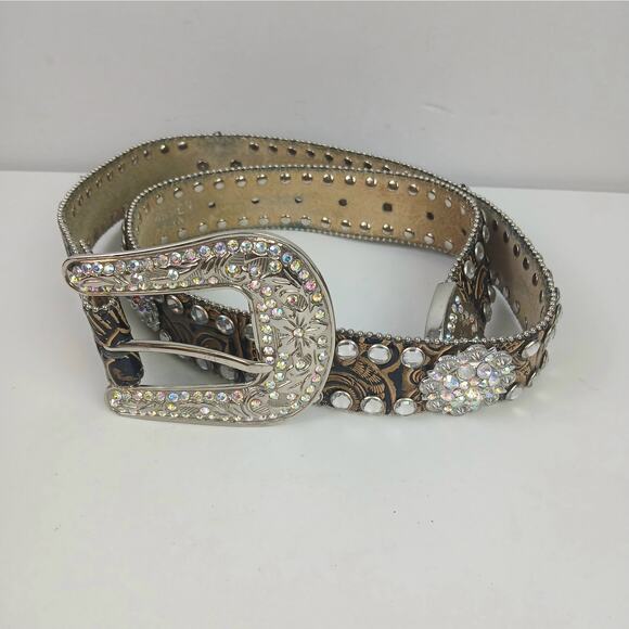 Nocona VTG SZ M Tooled Leather Bling Western Belt Studded Rhinestone Buckle - Picture 3 of 7